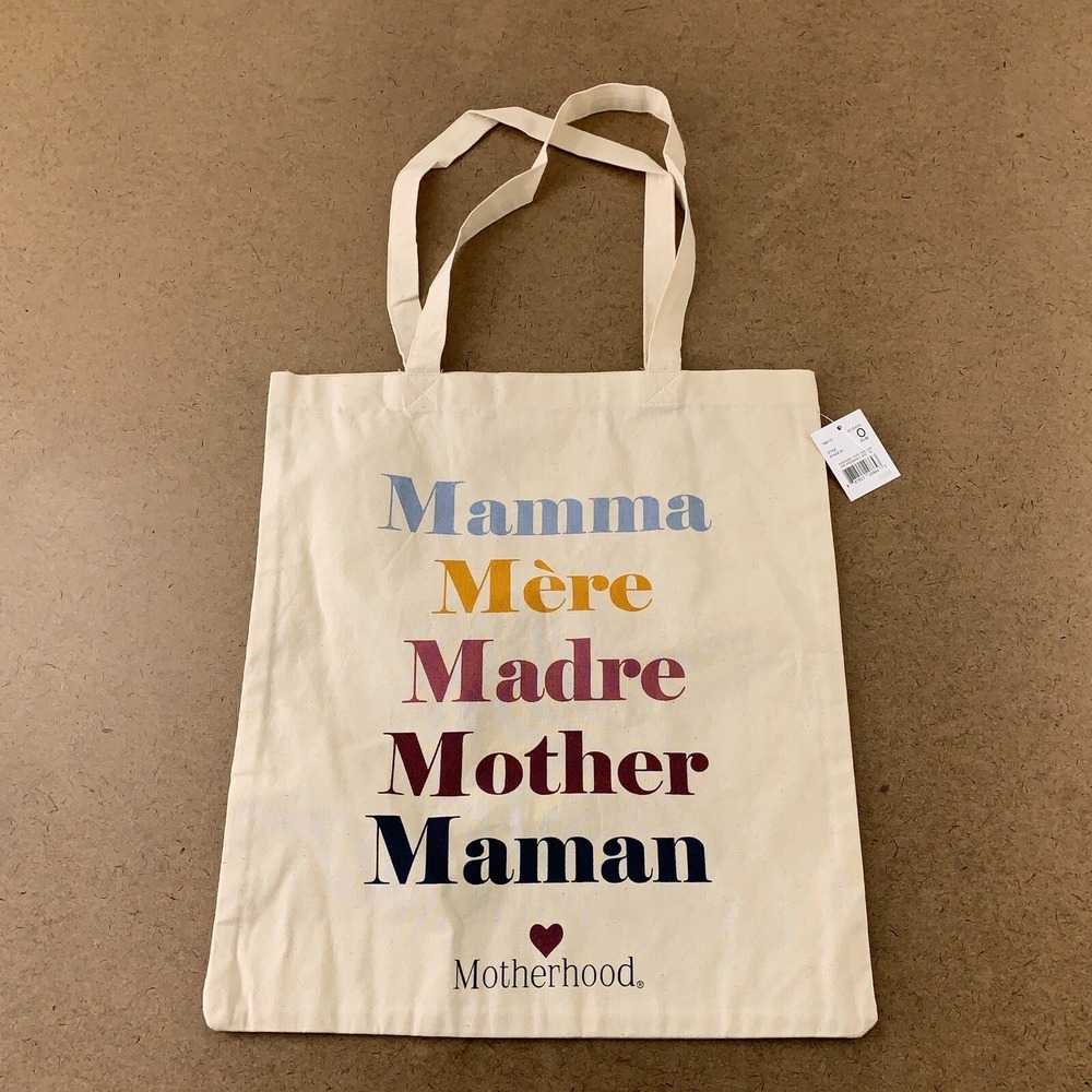 Motherhood Maternity Natural Cotton Multiple Language Mom Graphic Tote Bag NWT